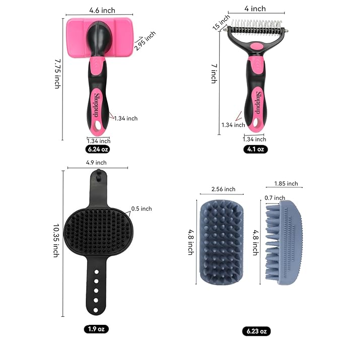 Dog Brush Kit for Grooming Short & Long Haired Dogs & Cats, 4-in-1 Pet Grooming Set with Self-Cleaning Slicker Brush, Deshedding Tool, Shampoo Bath Comb, Massge Comb (Pink Black)-PawvioPets
