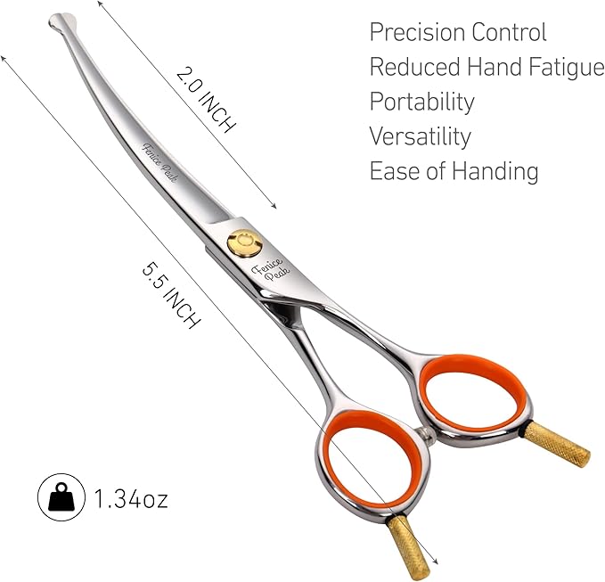 Fenice Peak 5'' Small Curved Scissors Lightweight Dog Cat Grooming Scissors with Safety Round Tip JP440C Stainless Steel Sharp Blades for Body Facial Nose Ear and Paw Hair Easy Use-PawvioPets