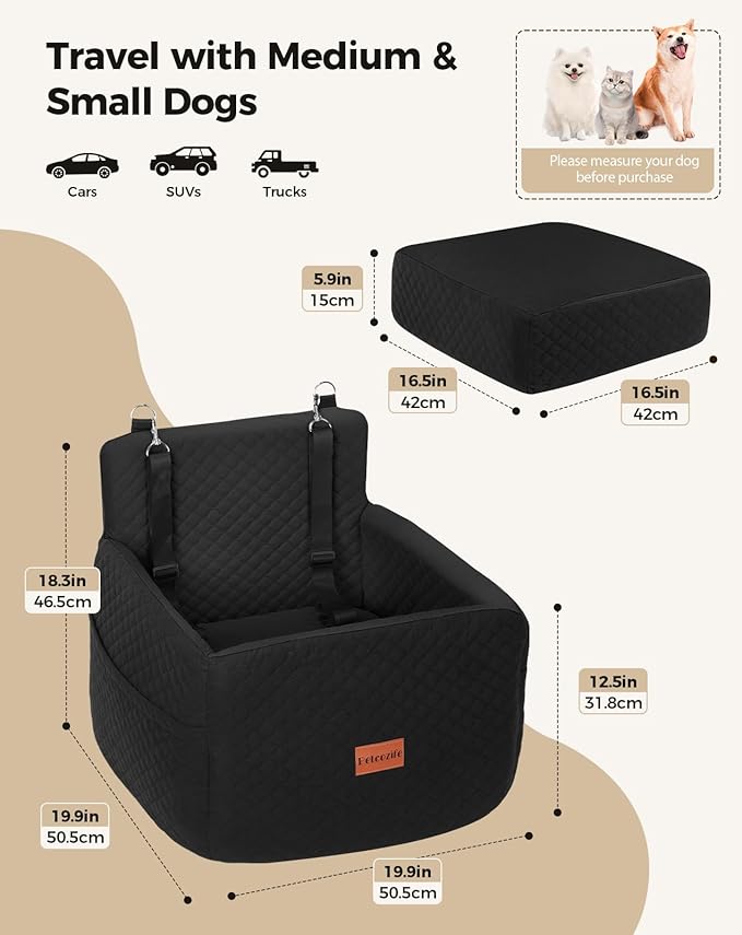 Dog Car Seat for Small & Medium Dogs Under 35lbs, Detachable & Washable Pet Car Seat, Interior Height 6 Inches Pet Travel Bed with Storage Pockets and 2 Dog Safety Belts (Black)-PawvioPets