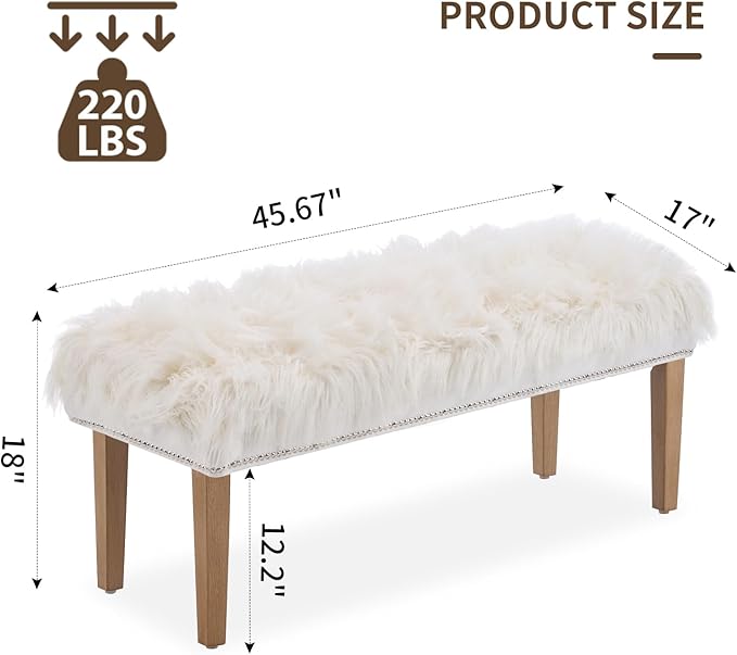 46 Inch White Bedroom Bench, Modern Multi-Purpose Bench with Wooden Legs, Faux Fur Upholstered, 3-Seater, 220 lbs Weight Capacity-PawvioPets