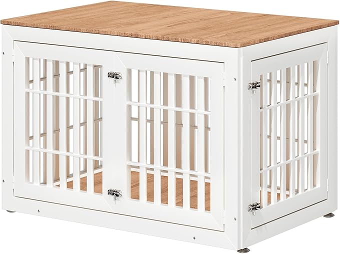48" Heavy Duty Dog Crate Furniture for Small,Medium and Large Dogs,Rustic Wooden Dog Cage Kennel Indoor Furniture with Waterproof Top,Decorative Pet House Side End Table (White & Wood)-PawvioPets