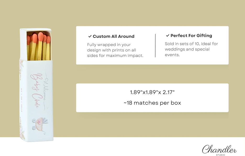 Customizable Baby Shower Matchboxes – Set of 10 – Cute Baby Design – Colorful Matchsticks – Perfect for Baby Shower Favors (2" Matchsticks, Baby #2)