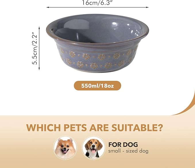 6.3inch Ceramic Set of 2 Dog Bowls, Food and Water Bowls for Small and Medium Dog, 2pcs Basic Dog Bowl, Wide Opening Rounded Edge (2 Bowls, Reactived Glaze -Grey)-PawvioPets