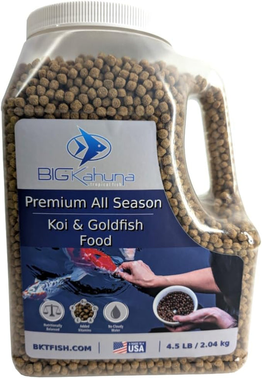 BIG Kahuna Koi Fish Food- 4.5 lbs Jug – Made in The USA - Koi Food Floating Pellets – 3/16" - 1/4" Pellet Size – 32% Protein Fish Food – Rich in Nutrients-PawvioPets
