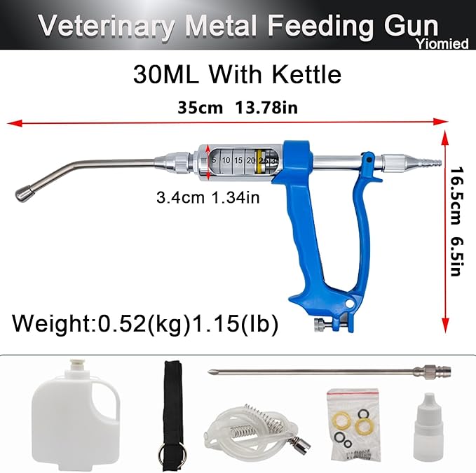 30ML Veterinary Metal Feeding Gun, Continuous Drench Gun Dosing Device Veterinary Adjustable Medicine Dispenser Husbandry Autonomous Feeding Tool, for Pig Cow, Sheep, Horse (Blue, 30ML+Kettle)-PawvioPets
