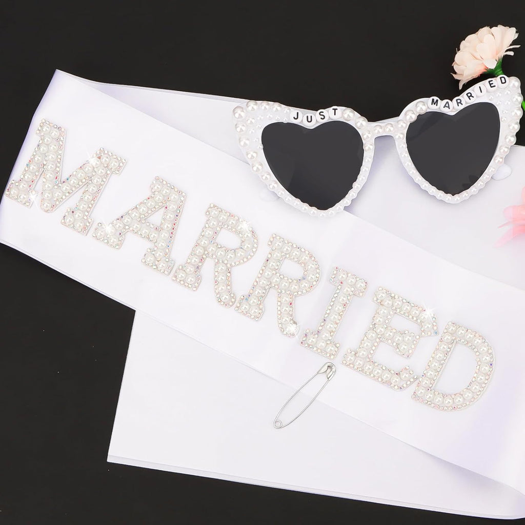 White Bride Sash & Heart Sunglasses Set Bachelorette Party Decorations Bridal Shower Engagement Party Decorations