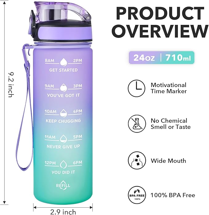 Enerbone Water Bottle, Leakproof BPA & Toxic Free, Motivational Water Bottle with Times to Drink and Straw, Fitness Sports Water Bottle with Strap for Office, Gym, Outdoor Sports-PawvioPets