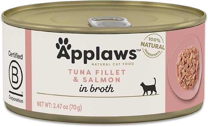 Applaws Natural Wet Cat Food in Broth, Limited Ingredient Canned Wet Cat Food, No Additives, Made with Natural Ingredients, Tuna Fillet with Salmon in Broth (24 x 2.47oz Cans)-PawvioPets