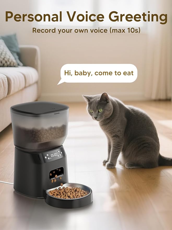 Automatic Cat Feeder and Water Fountain, 4L/16 Cups Timed Cat Dry Food Dispenser, 10s Meal Call, 20 Portions 6 Meals Per Day, 2L Cats Fountains for Drinking with Filter, Pet Feeder for Dog Black-PawvioPets