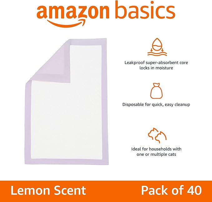 Amazon Basics Cat Litters Pee Pads, 40 Count, Universal Fit for Litter Box, Odor Control with Lemon Scent, Purple and White-PawvioPets