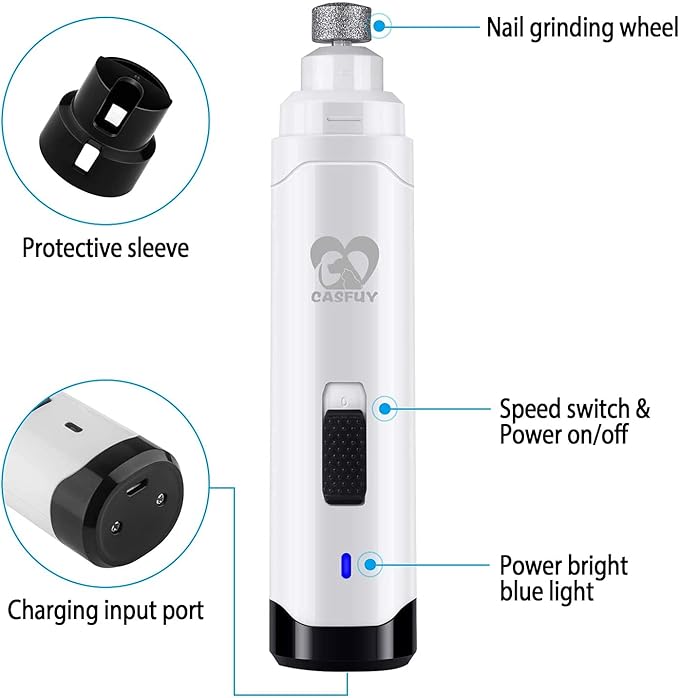 Casfuy Dog Nail Grinder Upgraded - Professional 2-Speed Electric Rechargeable Pet Nail Trimmer Painless Paws Grooming & Smoothing for Small Medium Large Dogs & Cats (White)-PawvioPets