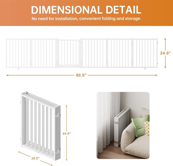 Full Metal Freestanding Dog Gate with Door, 24'' Height Foldable Pet Dog Fence for Indoor & Outdoor, 6 Panels Extra Wide Free Standing SmallDog Gates for Doorways,House,Stairs,Porch,Deck,Yard-PawvioPets