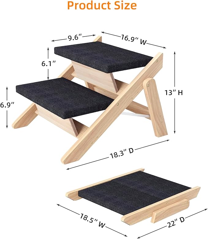 Dog Stairs/Ramp for Bed, Wooden Convertible Pet Steps, Portable Dog Ladder Up to 180 Pound for Elderly/Short-Legged Dogs, 2 Steps for Beds, Couch, Cars-PawvioPets