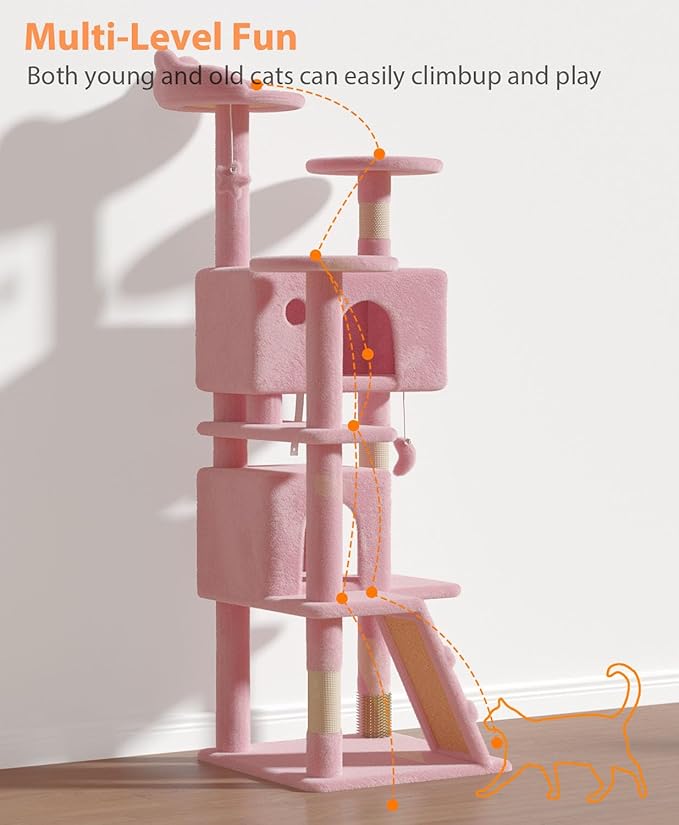 60'' Cat Tree Tower for Indoor Cats Large Adult,Cute/Tall Modern Cat Tree for Big Cats 20 lbs, Plush Multi-Level Cat Condo with Scratching Posts,Dangling for Fun Play (Soft Pink, 60 inch)-PawvioPets