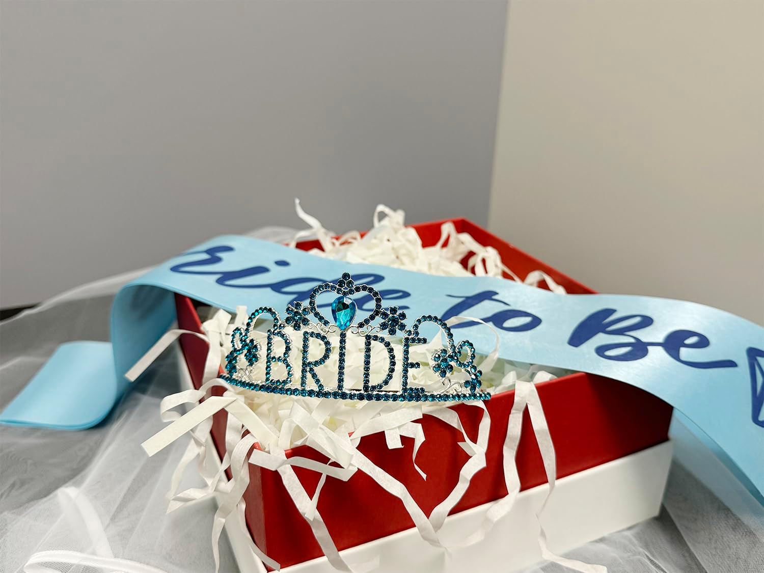 JETKONG 3 Pcs Bachelorette Party Decorations "BRIDE" Crown, Bride to Be Sash&Veil for Women Bachelorette Party Gifts, Bridal Shower Supplies, Gifts, Favors (Light Blue)