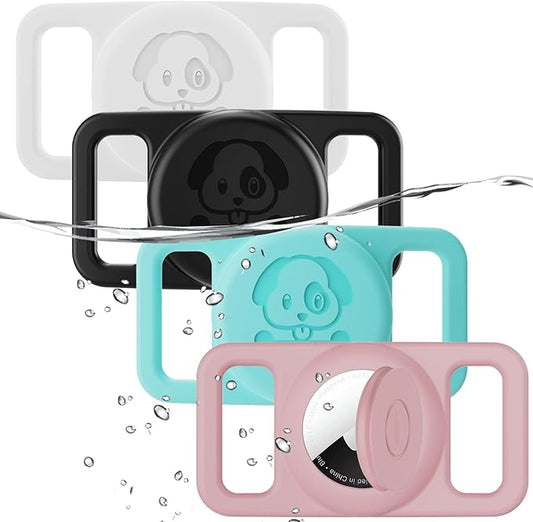 4 Pack Waterproof Dog Collar Holder Compatible with AirTag, Silicone Hidden Loop Holder for Airtag Tracker, Anti-Lost Dog Collar Accessories(Cyan,White,Black,Pink)-PawvioPets