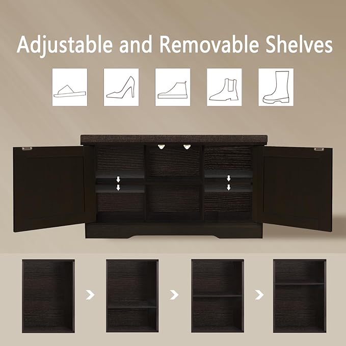 DINZI LVJ Shoe Bench, Entryway Storage Bench with Doors, Cushion, 2-Tier Shoe Rack with 6-Cubby, 31.5”L x 13.8”W Shoe Organizer Cabinet, Adjustable Shelf, Living Room, Bedroom, Espresso-PawvioPets