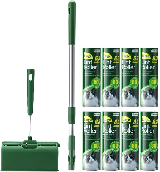 Floor Lint Rollers Pet Hair Extra Sticky with Retractable Long Handle,Large Cat Dog Hair Remover Laundry Clothes Carpet Furniture,6.3 inches Wider with 640 Sheets Giant Lint Remover Brush for Couch-PawvioPets