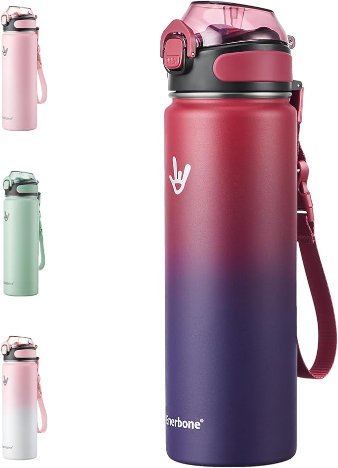 Enerbone 24 oz Insulated Water Bottle, Stainless Steel Bottle with Carrying Strap, Double-Wall Vacuum Insulation Design, Leakproof Sports Bottle with Straw, Keep Drinks Cold or Hot for Hours-PawvioPets