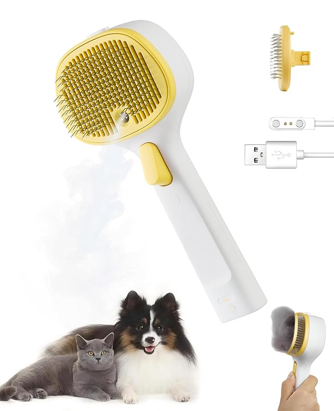 FURGO 3-in-1 Pet Steam Brush for Dogs & Cats – Reduces Static, Short-Pin Head for Short Hair, One-Click Release Button, Dog Spray Brush for Shedding Control (Short)-PawvioPets