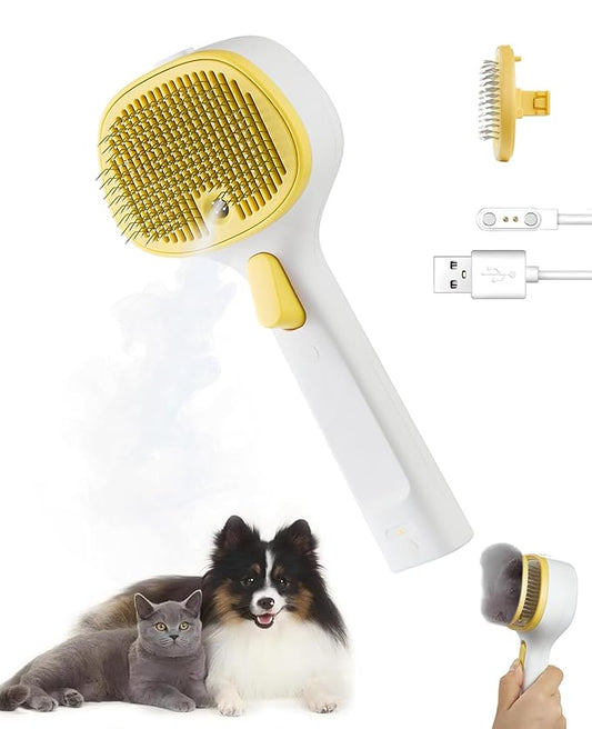 FURGO 3-in-1 Pet Steam Brush for Dogs & Cats – Reduces Static, Short-Pin Head for Short Hair, One-Click Release Button, Dog Spray Brush for Shedding Control (Short)-PawvioPets