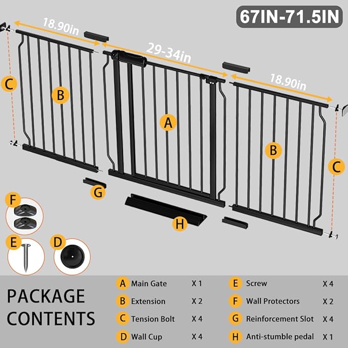 Fairy Baby Extra Wide Baby Gate Black 67-71.5 Inch Wide, Walk Through Pressure Mounted No Drill, Long and Large Tension Gate for Pet and Kids-PawvioPets