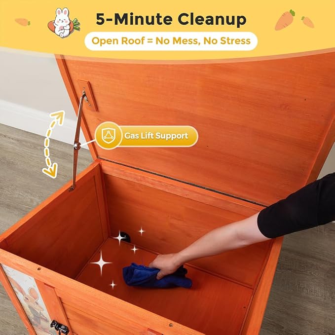 COZIWOW 24in Wooden Cat House Outdoor & Indoor Pet Shelter with Foldable Ramp - Weatherproof Rabbit Hutch with Unique Machine-Printed Art Designs for Cat, Rabbit, Guinea Pig (Orange)-PawvioPets