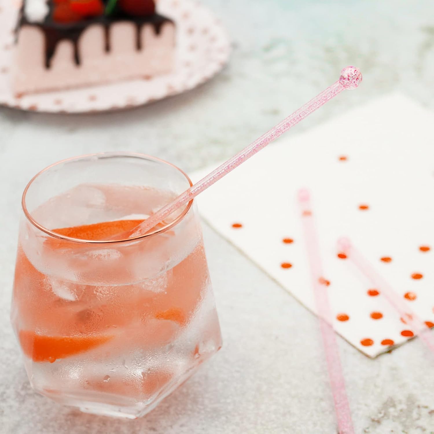 100-PCS Pink Glitter Plastic Swizzle Sticks, Crystal Cake Pops, Cocktail Coffee Drink Stirrers, Stir Sticks for Valentine's Day Christmas Party, 7.24 Inch