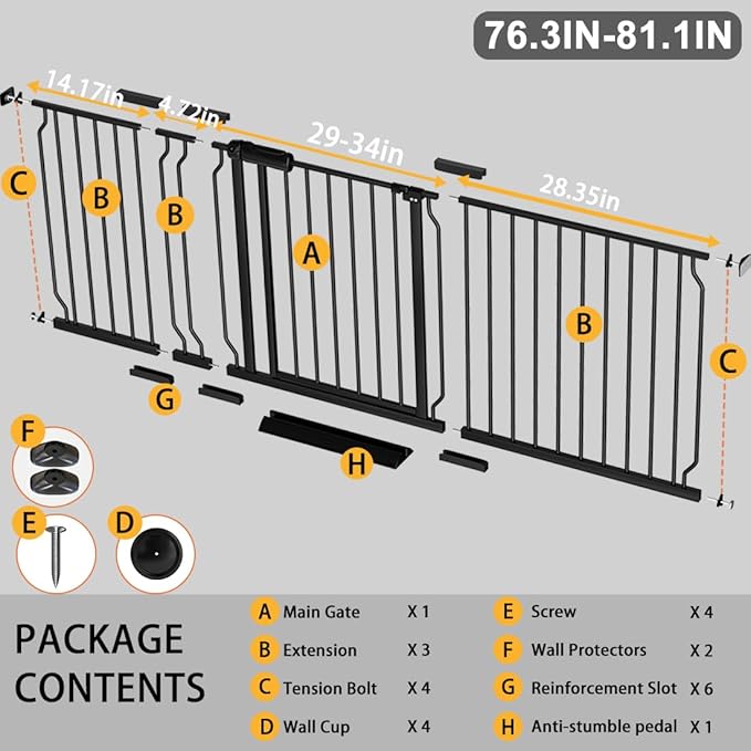 Fairy Baby Extra Wide Baby Gate 76.3-81.1 Inch Wide, Walk Through Pressure Mounted No Drill, Long and Large Tension Gate for Pet and Kids-PawvioPets