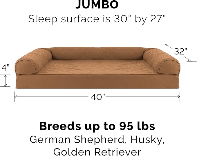 Furhaven Cooling Gel Dog Bed for Large Dogs w/ Removable Bolsters & Washable Cover, For Dogs Up to 95 lbs - Quilted Sofa - Toasted Brown, Jumbo/XL-PawvioPets