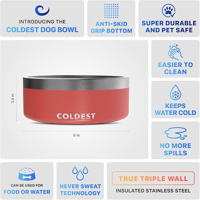 Coldest Dog Bowl - Anti Rust Metal, Non Slip, 3 Layers Insulated Stainless Steel Dog Bowls - Spill Proof & Heavy Duty - Water Bowl for Dogs, Cats & Pets, Dish Washer Safe (64 oz, Crimson Red)-PawvioPets