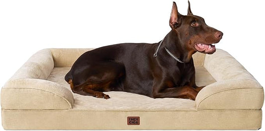 EHEYCIGA Orthopedic Dog Beds for Extra Large Dogs, Waterproof Memory Foam XXL Dog Bed with Sides, Non-Slip Bottom and Egg-Crate Foam Big Pet Couch Bed with Washable Removable Cover, Greige-PawvioPets