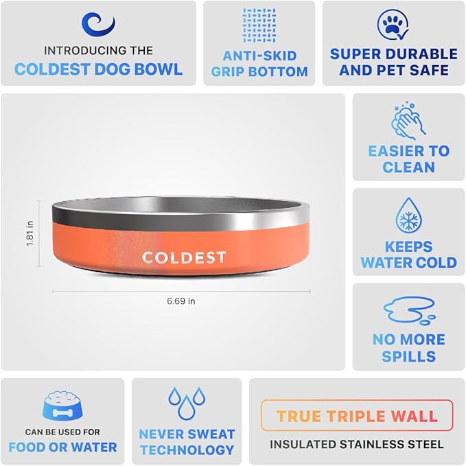 Coldest Dog Bowl - Anti Rust Metal, Non Slip, 3 Layers Insulated Stainless Steel Dog Bowls - Spill Proof & Heavy Duty - Water Bowl for Dogs, Cats & Pets, Dish Washer Safe (21 oz, Mars Red Glitter)-PawvioPets