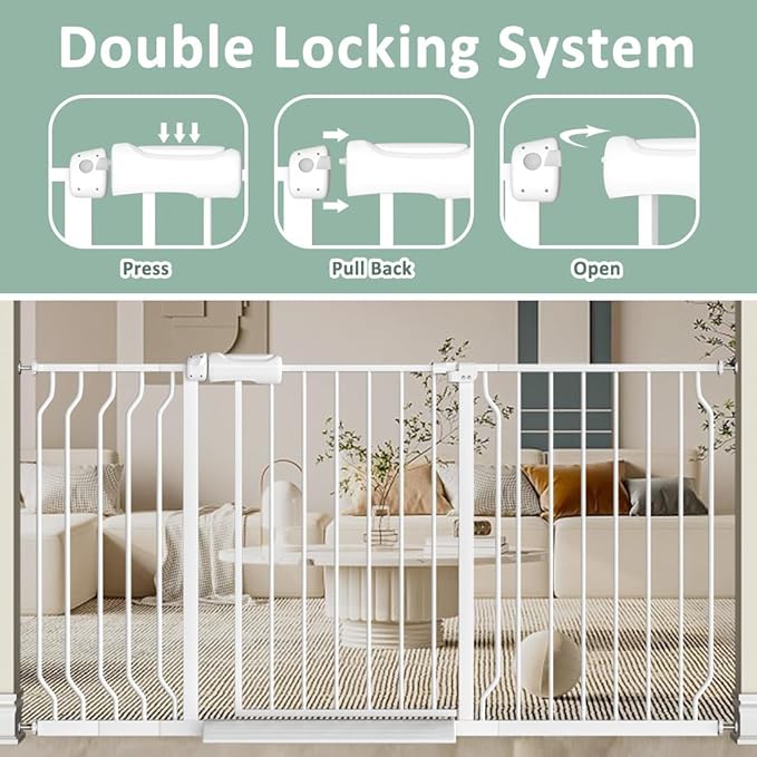 57.5"-62" Extra Wide Auto Closing Baby Safety Gate for Stairs & Doorways, Pressure Mounted No Drill Pet Gate with Walk-Through Door - Heavy Duty Childproof Gate for Toddlers, Kids, Dogs (White)-PawvioPets
