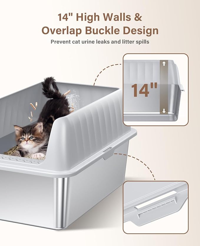 Cat Litter Box Stainless Steel XL with Lid, Enclosed Metal Extra Large Litter Box Pan High Sided with Scoop for Big Cats, Non-Sticky, Anti-Urine Leakage, Easy Cleaning-PawvioPets