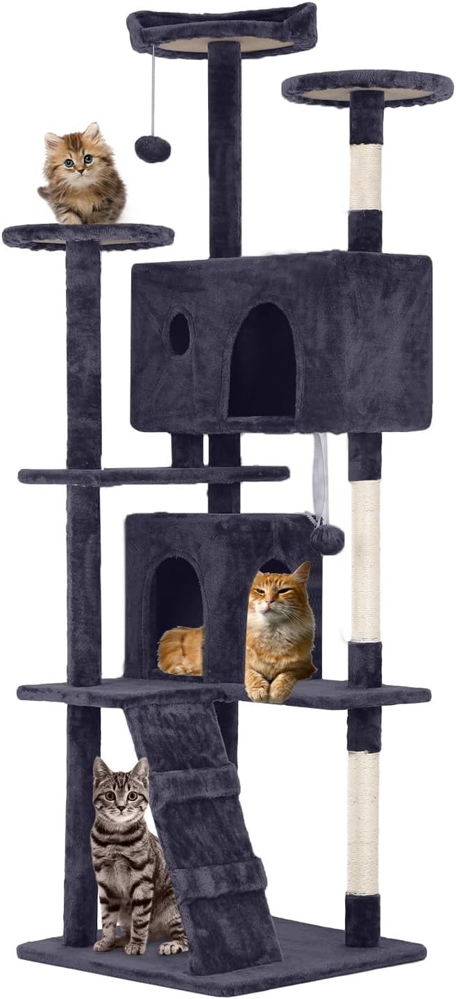 70 Inches Cat Tower for Indoor Cats, Multi-Level Cat Condos with Scratching Posts, Hanging Toys, Ashy-PawvioPets