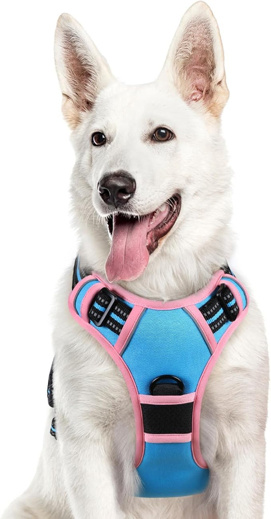 Eagloo Dog Harness for Large Dogs, No Pull Service Vest with Reflective Strips and Control Handle, Adjustable and Comfortable for Walking, No Choke Pet Harness with 2 Metal Rings, Pink & Blue, XL-PawvioPets