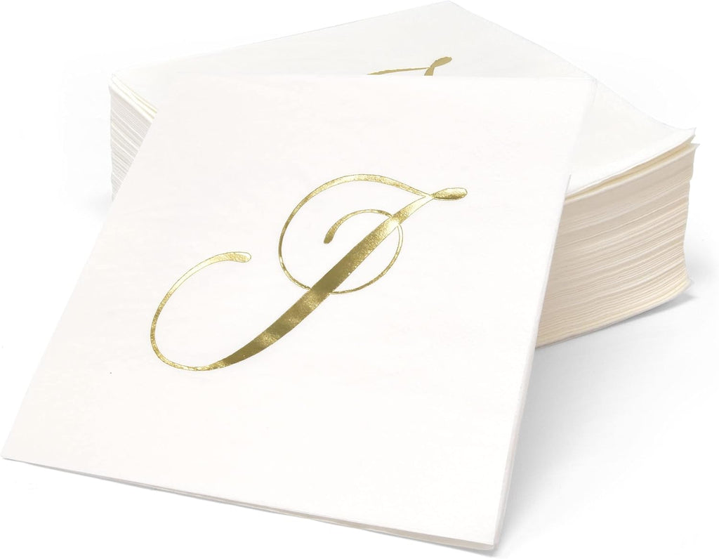 Gift Boutique 100 Gold Foil Monogram J Cocktail Napkins Disposable Paper Hand Towels for Wedding Baby Shower Holiday Party Powder Room Decor
