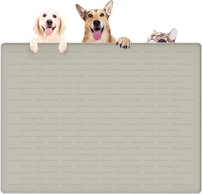 39.4"x29.5" Large Pet Food Mat, Silicone Dog Mats for Food and Water, Nonslip Pet Feeding Mats for Floors,Dog Cat Bowl Mat with Raised Edges, Beige-PawvioPets