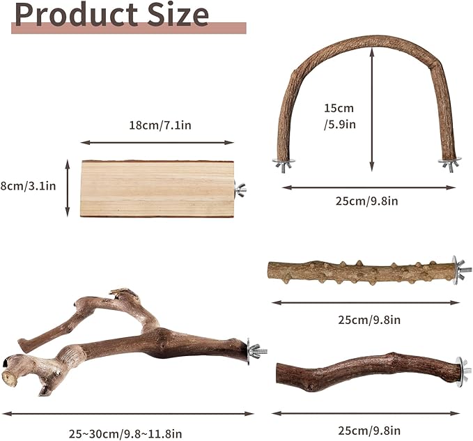 Bird Perches, 5pcs Natural Wood Birds Stand Branch, Bird Perch Chewing Stick Cage Accessories Parrot Climbing Standing Branches Paw Grinding Fork Sets for Cockatiels Ringneck Parrots-PawvioPets