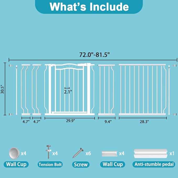 Extra Wide Dog Gate for Doorways 72-81.5 in, Walk Through Long Baby Gates for Large Openings, No Drill Child Safety Gate for Pets Kids Toddler, Doggy Barrier Indoor Metal, 30" Tall White-PawvioPets