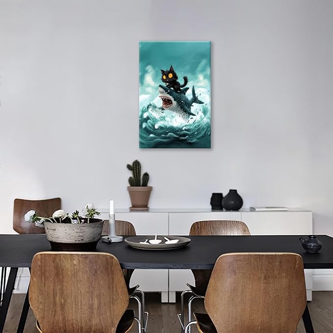 Funny Black Cat Bathroom Wall Art Cute Cat Riding Shark Canvas Wall Decor Animal Kitten Pictures Painting Print Artwork Framed Decorations Gifts for Cat Lover Kids Room Bedroom 16"x24"-PawvioPets