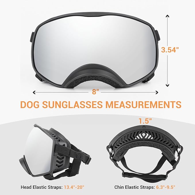 Dog Sunglasses UV Protection Clear Dog Goggles Windproof Glasses with Elastic Straps for Medium-Large Breed, Black Frame + Silver Lens-PawvioPets
