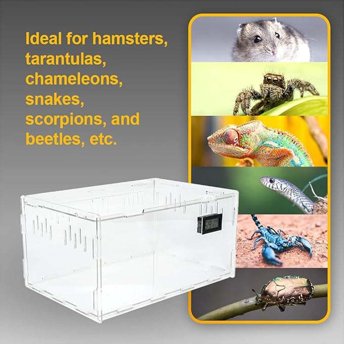 BETAZOOER Reptile Terrarium Breeding Tank Acrylic Reptile Feeding Box with Temperature Hygrometer (15.3"x9.7"x7.6")-PawvioPets