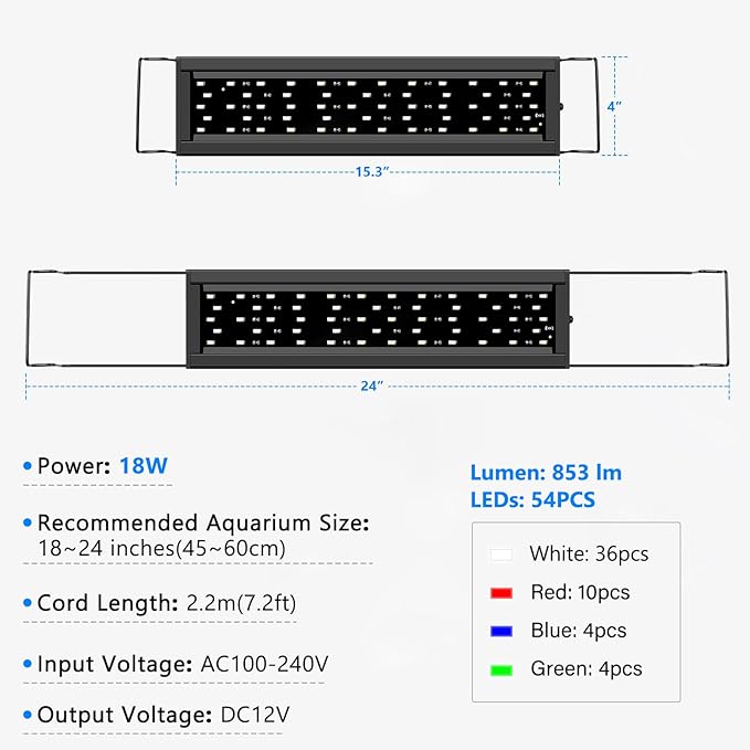 AQQA Full Spectrum Aquarium Light,Fish Tank Lights for Plant Growth Fish Viewing,3 Mode White Blue Red Green LED Beads,Timer,Adjustable Brightness,Extendable Brackets for Freshwater 18W for 18-24inch-PawvioPets