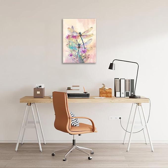 Dragonfly Bathroom Pictures Wall Art, Floral Bathroom Wall Decor, Framed Painting Canvas Artwork for Bedroom Living Room Decorations 20"L x 16"W-PawvioPets