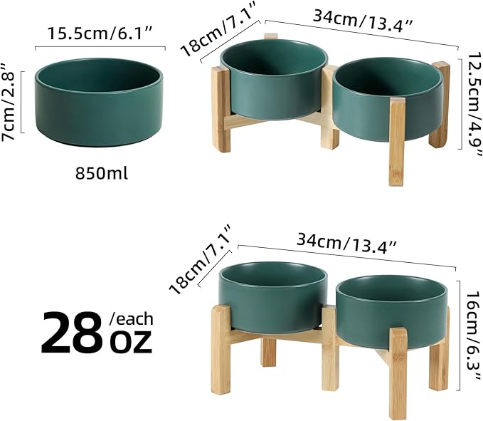Ceramic Raised Double Bowls Set with Stand, 2 Heights Elevated, Food & Water Bowls for Small Breed Dogs, Weighted Dog Dishes, Pet Bowl(6.1'',28.7oz, Green)-PawvioPets