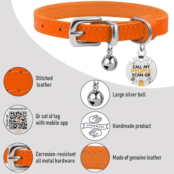 BRONZEDOG Leather Cat Collar with Removable Bells Non Breakaway Kitten QR Tag for Girl Boy (9" - 12" Cats/Mini Dogs, Orange & Silver)-PawvioPets