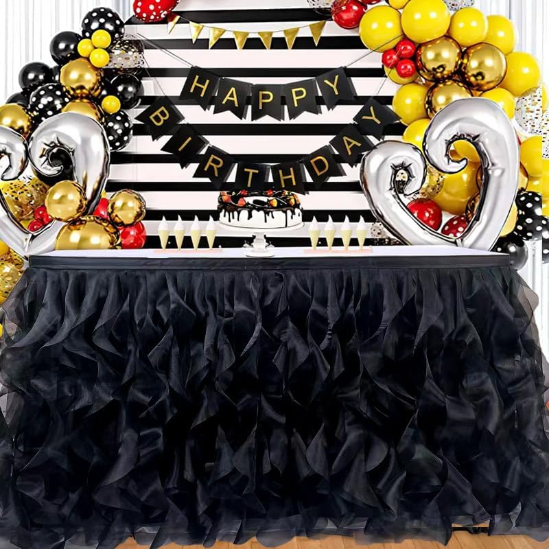 Luxury Organza Mesh Table Skirt Draping Floating Romance - Perfect for Bridal Showers, Birthday Weddings - Clear Flowing Decoration for a Wonderful Main Cake Table (Black-6ft, 72" L×30" H)