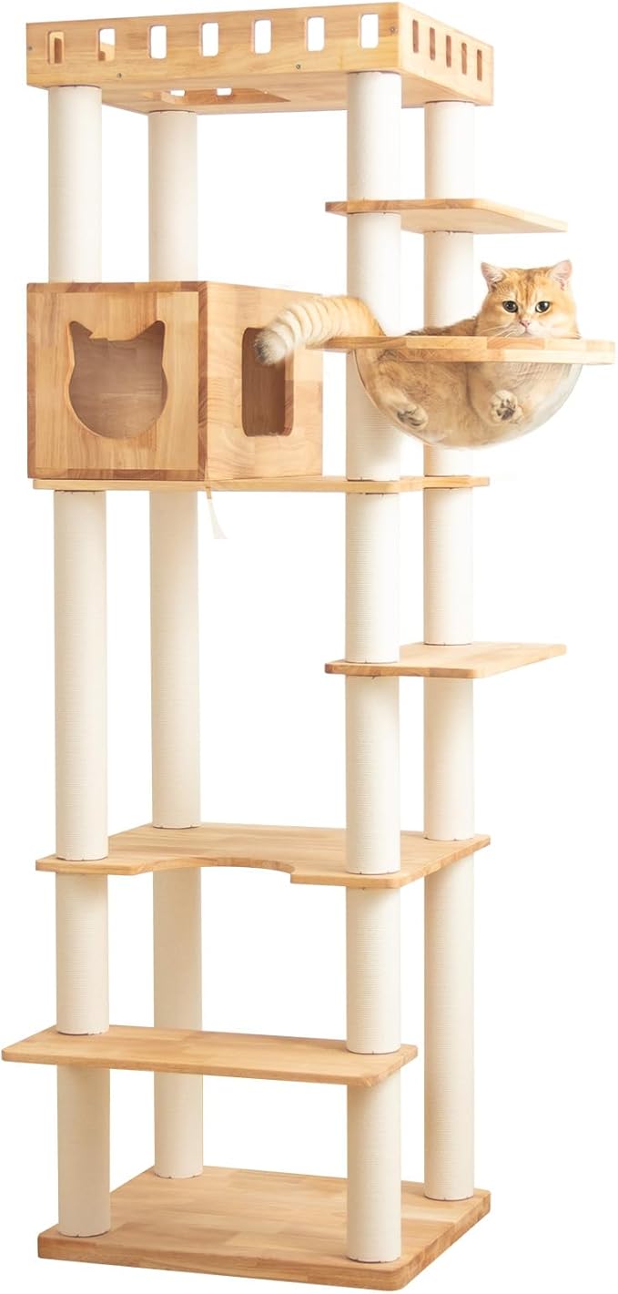 74.8" Wooden Cat Tree Tower for Large Cats, Multi-Level Cat Climbing Furniture with Scratching Posts, Cat Condo & Hammock, Natural Wood Cat Activity Center (White)-PawvioPets